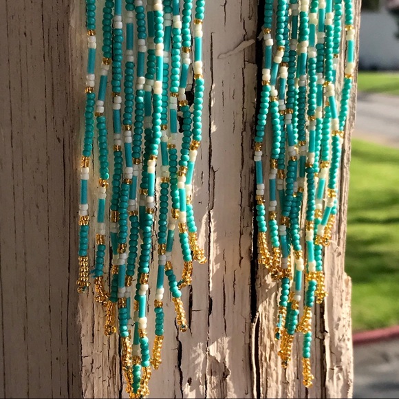 Handmade Turquoise Beaded Boho Long Earrings - Picture 5 of 6